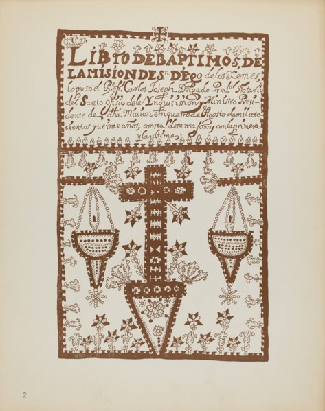 Plate 2: Jemez Book of Baptisms: From Portfolio "Spanish Colonial Designs of New Mexico", 1935/1942. Creator: Unknown.