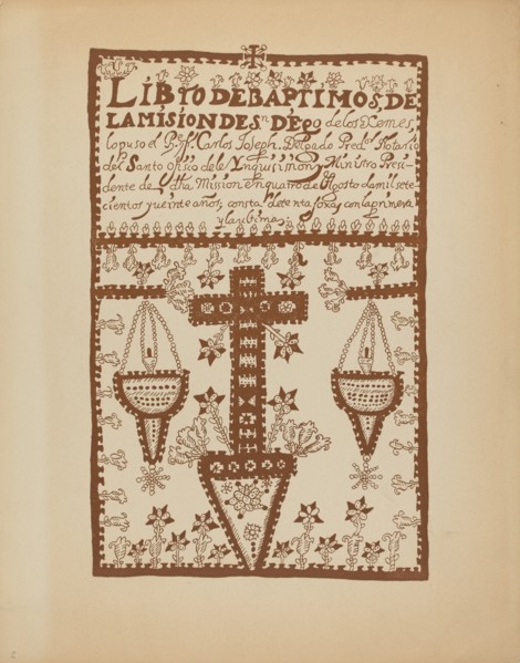 Plate 2: Jemez Book of Baptisms: From Portfolio "Spanish Colonial Designs of New Mexico", 1935/1942. Creator: Unknown.