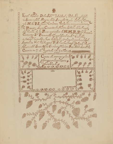Plate 3: Pecos Book of Visitations: From Portfolio "Spanish Colonial Designs of New Mexico", 1935/19 Creator: Unknown.