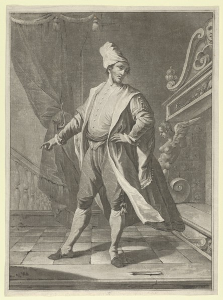 Man in Venetian costume standing before a large fireplace, right arm outstretched..., ca. 1770-1800. Creator: Anon.
