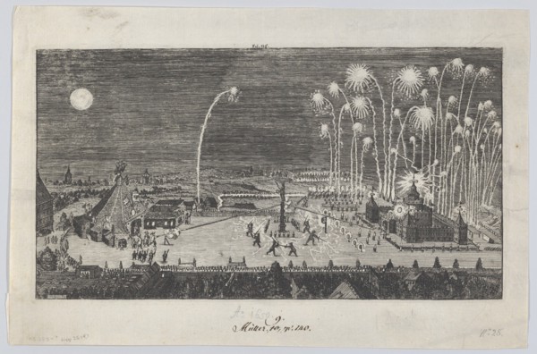 Fireworks display celebrating the end of the Thirty Years War, Nuremberg, 1650 Creator: Anon.