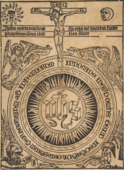 The Sacred Monogram with the Symbols of the Evangelists and the Crucifixion (Schr...., 15th century. Creator: Anon.