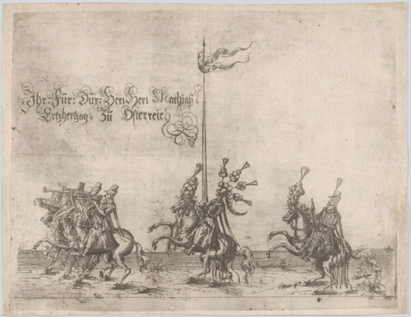 Procession, with men riding horses; three men playing trumpets at front, a knight ..., 16th century. Creator: Anon.