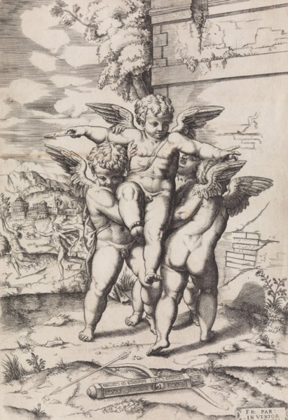 [Four Cupids; Apollo and Daphne in the Background], 16th-early 17th cen..., 16th-early 17th century. Creator: Anon.