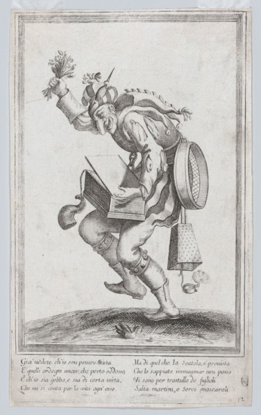 A caricature figure representing a poor itinerant artist loaded with various implem..., ca. 1640-60. Creator: Anon.