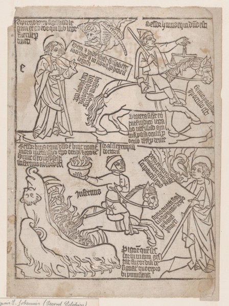 A Rider on a Black Horse with a Pair of Balances in His Hand; and A Pale Horse with D..., 1440-1450. Creator: Anon.
