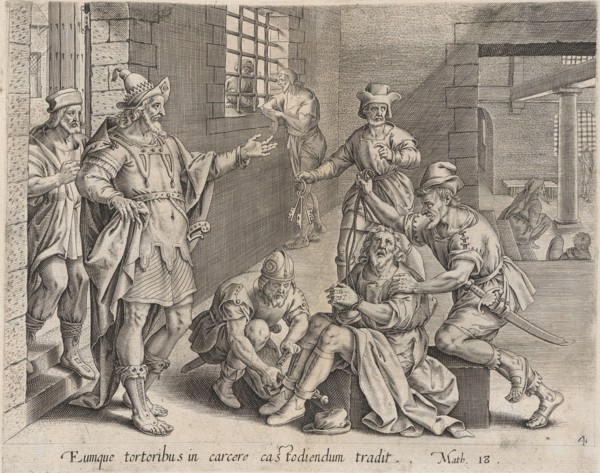 The Imprisoned Servant, from The Parable of the Unmerciful Servant, bound in Thesaurus Sac..., 1585. Creator: Anon.