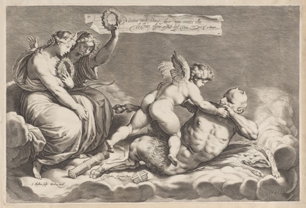 Cupid wrestling with Pan, amongst the clouds, with two allegorical women seated at le..., 1598-1632. Creator: Jacob Matham.