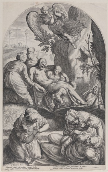 The Entombment, with Christ's body carried on a sheet at center, the three Maries in the f..., 1594. Creator: Jacob Matham.