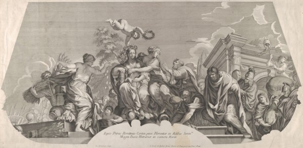 An allegorical composition with Charity and prisoners in chains; a plate from Rossi's seri..., 1677. Creator: Jacques Blondeau.