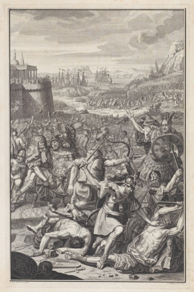 Battle scene with a man about to be stabbed with a sword at lower right, 1730. Creator: Jan Caspar Philips.