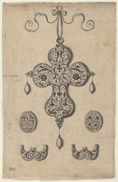 Design for the Verso of a Cross-Shaped Pendant Above a Pair of Oval Ornaments and A..., before 1573. Creator: Jan Collaert I.