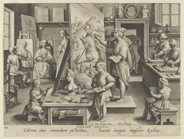 New Inventions of Modern Times [Nova Reperta], The Invention of Oil Painting, plate 14..., ca. 1600. Creator: Jan Collaert I.