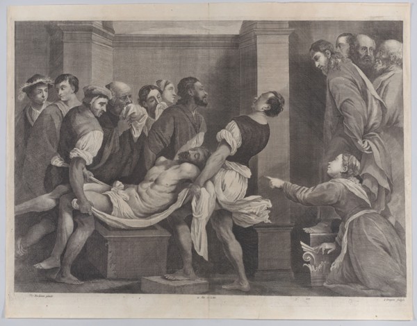 The raising of Lazarus, who is carried by three men at left, while his sister and C..., ca. 1656-60. Creators: Jan van Troyen, David Teniers II.