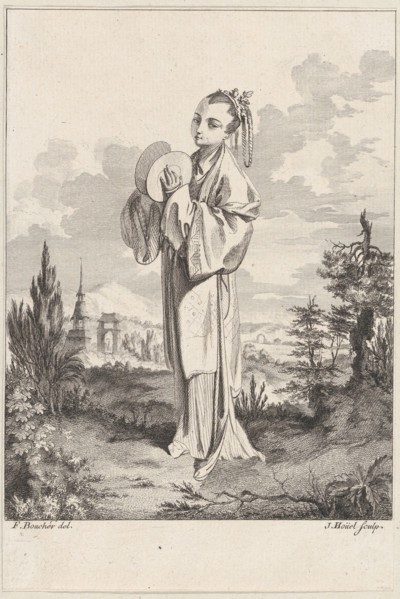Chinoiserie with a woman holding cymbals, from Suite de Figures Chinoises. . .Tiré du C..., 1755-76. Creator: Jean-Pierre Houel.