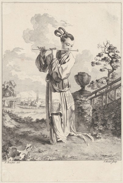 Chinoiserie with a woman playing a flute, from Suite de Figures Chinoises. . .Tiré du C..., 1755-76. Creator: Jean-Pierre Houel.