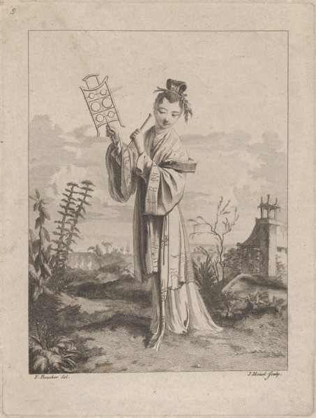 Chinoiserie with a woman playing a musical instrument, from Suite de Figures Chinoises...., 1755-76. Creator: Jean-Pierre Houel.