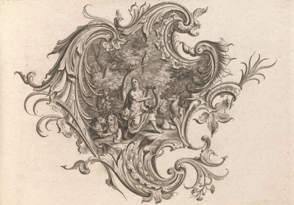 Design for a Cartouche and Representation of 'Hearing', Plate 3 from 'Neu I..., Printed ca. 1750-56. Creator: Johann Georg Pintz.