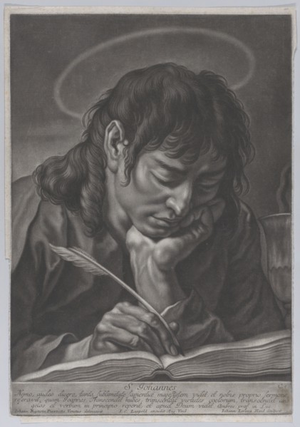 Saint John the Evangelist; head and shoulders, writing with a quill; after Gi..., ca. 1750-ca. 1760. Creator: Johann Lorenz Haid.