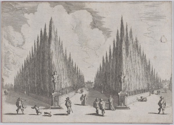 Three alleés separated by two groups of trees in pointed configurations, from 'Views of Ga..., 1636. Creator: Johann Wilhelm Baur.