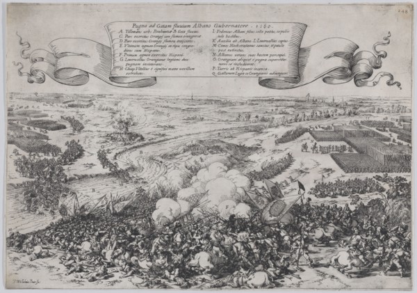 Battle scene: forces led by William of Orange crossing the Gete River to attack the Duke o..., 1632. Creator: Johann Wilhelm Baur.