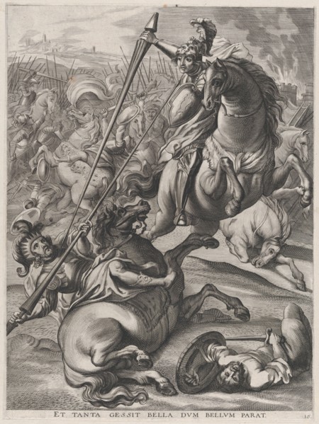 Plate 16: Battle of Achilles against the Trojans; from Guillielmus Becanus's 'Serenissimi ..., 1636. Creators: Johannes Meursius, Willem van der Beke.