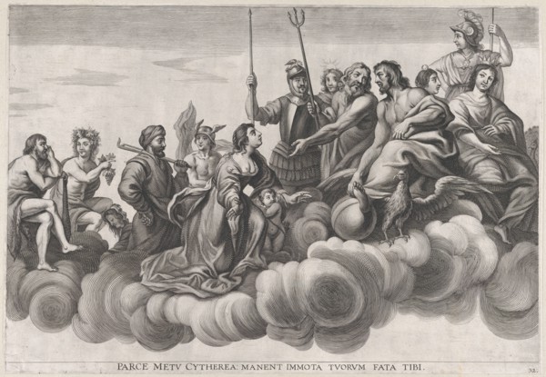 Plate 32: Venus asking Jupiter for protection; from Guillielmus Becanus's 'Serenissimi Pri..., 1636. Creators: Johannes Meursius, Willem van der Beke.