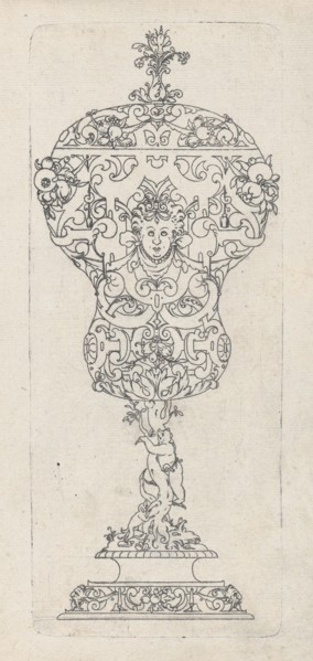 Covered Goblet, Pear shaped bidy on shaft og twisted tree-trunk with bear treed by dog,.n.d., n.d.. Creator: Jonas Silber.