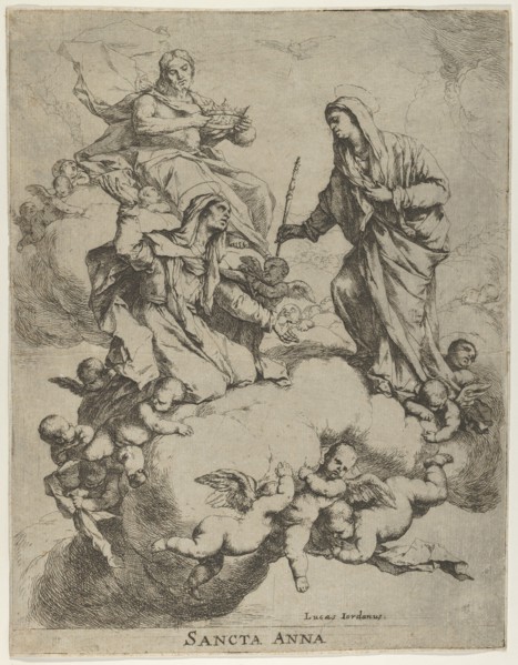 Christ holding a crown at upper left and the Virgin receiving Saint Anne in Heaven at r..., 1650-70. Creator: Luca Giordano.