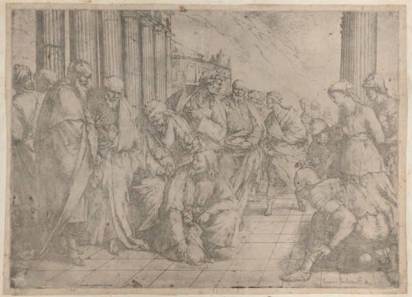 Christ kneels and writes on the pavement at center, while the woman taken in adultery stan..., 1653. Creator: Luca Giordano.