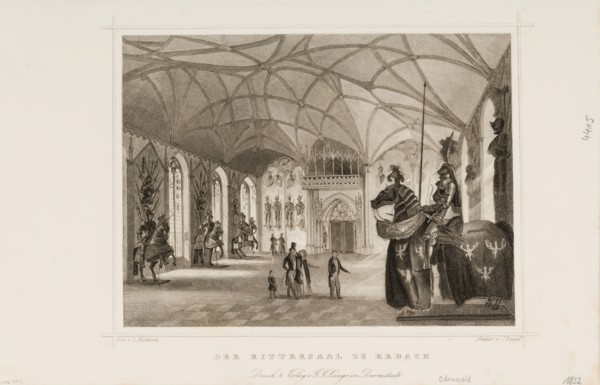 Print of Der Rittersaal zu Erbach (Interior of Gothic Revival armory of Erbach Castle)..., ca. 1850. Creator: Ludwig Rohbock.