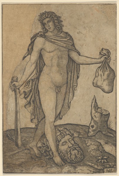 David standing, sword in lowered right hand, sack in the left, the head of Goliath on ..., ca. 1506. Creator: Marcantonio Raimondi.