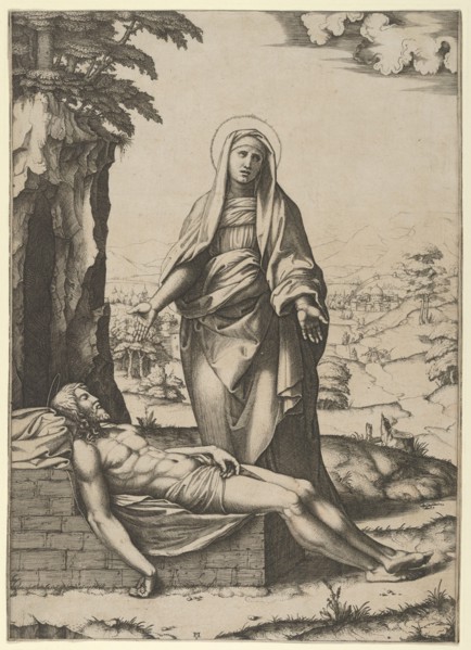 The Pietà: the Virgin standing over the dead Christ, her hands outspread, ca. 1515-17. Creator: Marcantonio Raimondi.