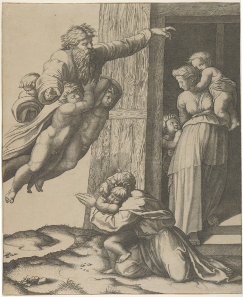 God carried by angels, appearing to Noah and his family, after the Flood , ca. 1513-15. Creator: Marcantonio Raimondi.