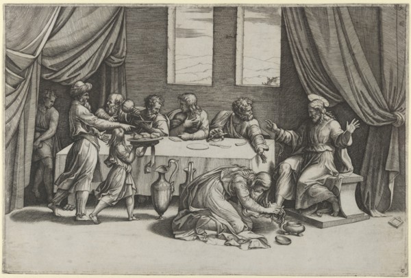 Christ at the table of Simon the Pharisee, Mary Magdalene washing his feet with her..., ca. 1520-25. Creator: Marcantonio Raimondi.