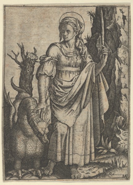 St Margaret holding a palm in her raised left hand, a dragon at her right, ca. 15..., Creator: Marcantonio Raimondi.