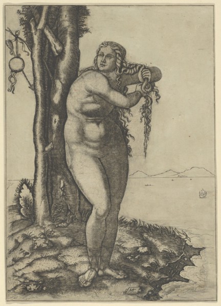 Venus wringing the water from her hair, standing at the water's edge, 1506., Creator: Marcantonio Raimondi.