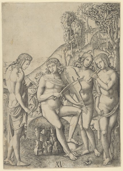 A young man, seated and playing the violin at centre, flanked by two woman holding ..., ca. 1510-27. Creator: Marcantonio Raimondi.