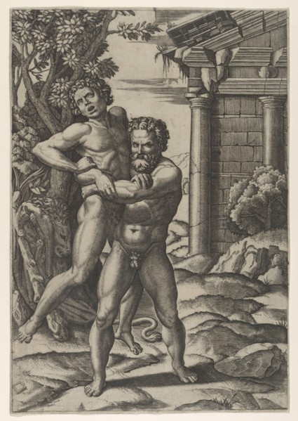 Hercules holding Antaeus by the waist and lifting him off his feet, ca. 1520-22.. Creator: Marcantonio Raimondi.