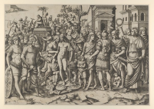The triumph of a Roman Emperor; a young naked hero stands at center on a pile of armor..., ca. 1510. Creator: Marcantonio Raimondi.