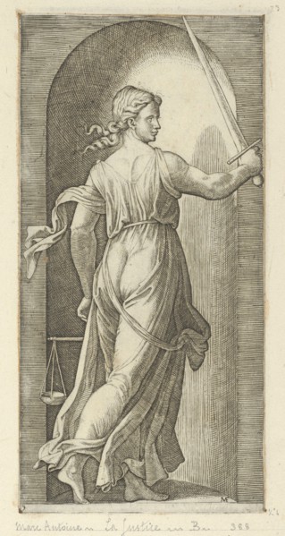 Justice personified by a young woman holding a sword in her raised right hand, scal..., ca. 1515-25. Creator: Marcantonio Raimondi.