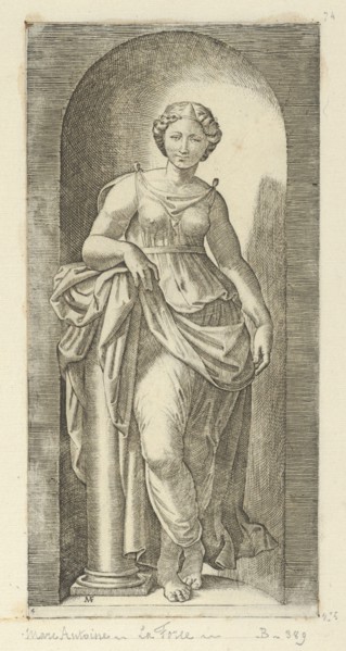 Fortitude or Strength personified by a woman standing in a nice resting her arm on ..., ca. 1515-25. Creator: Marcantonio Raimondi.