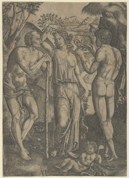 An allegorical scene; a young woman at centre holding a wreath above her head, at l..., ca. 1515-27. Creator: Marcantonio Raimondi.