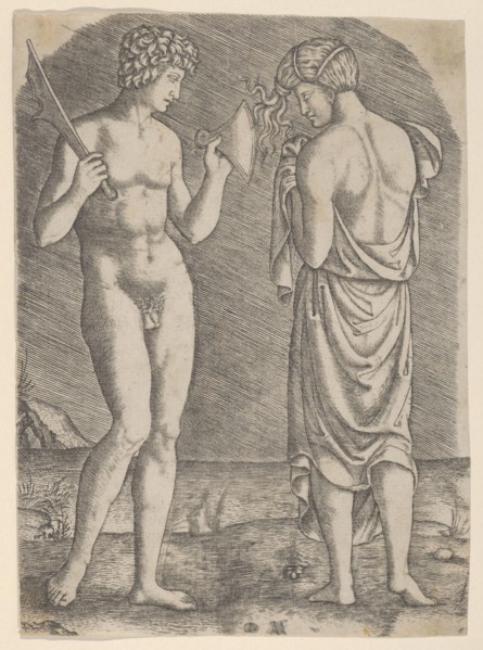 A naked man at left showing an axe to a woman at right, ca. 1510-27. Creator: Marcantonio Raimondi.