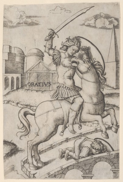 Horatius Cocles on horseback, trampling a fallen soldier, ca. 1510-27. Creator: Marcantonio Raimondi.