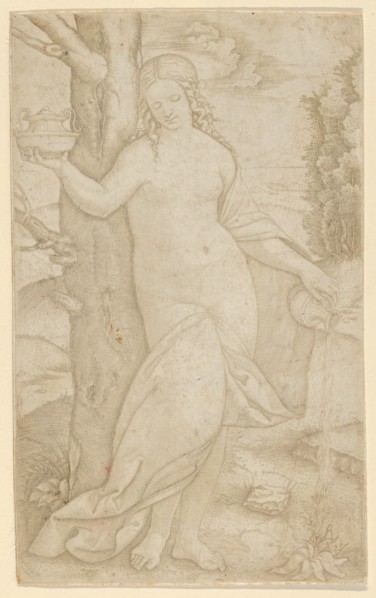 A woman watering a plant, a pot in her raised right hand, ca. 1507-8. Creator: Marcantonio Raimondi.