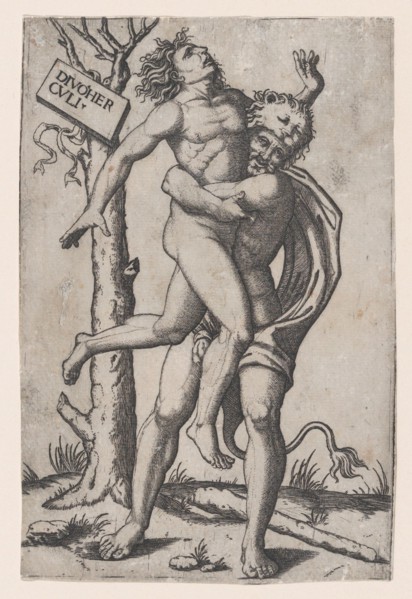 Hercules, grasping Antaeus at the waist with both arms and lifting him off his fe..., ca. 1500-1550. Creator: Marcantonio Raimondi.