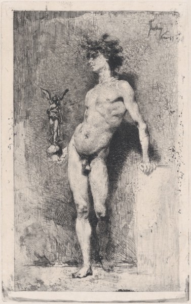 Victory: a naked youth standing facing left holding a statue of winged Victory in his righ..., 1869. Creator: Mariano Jose Maria Bernardo Fortuny y Carbo.