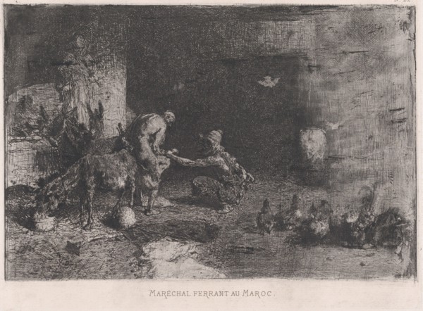 A Morrocan farrier at left accompanied by another figure attending to the hoof of a..., ca. 1860-70. Creator: Mariano Jose Maria Bernardo Fortuny y Carbo.