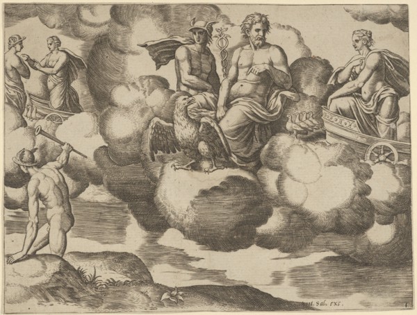 Venus in her dove-drawn chariot complaining to Jupiter who is accompanied by Mercury, f..., 1530-60. Creator: Master of the Die.